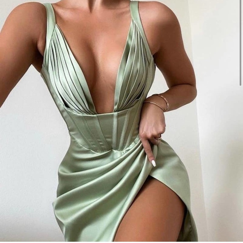 House of CB Faye Satin Pleated Midi dress